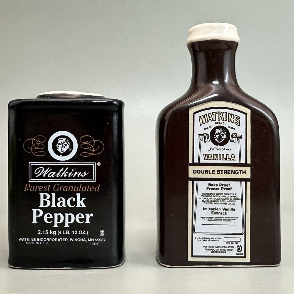 Vintage Watkins Vanilla Bottle Black Pepper Tin Ceramic Salt Pepper Shakers Set